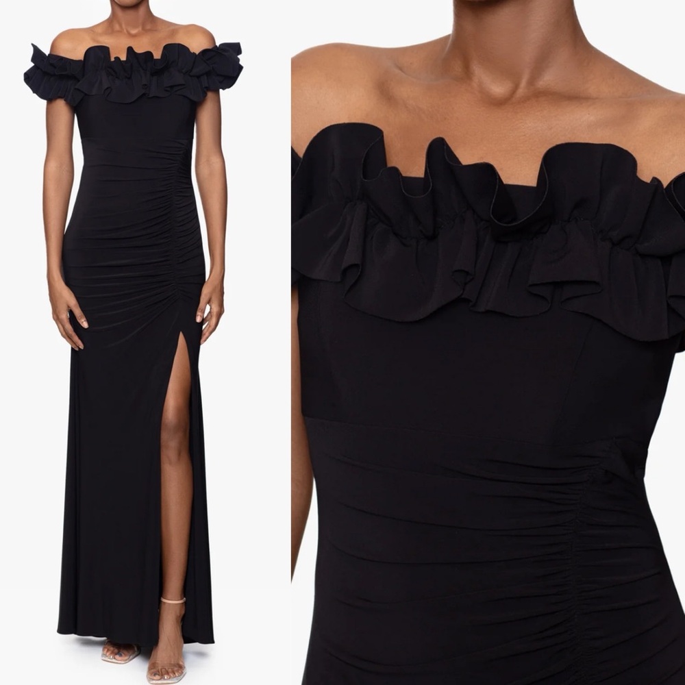 Xscape Black Off-Shoulder Ruffle Maxi Dress